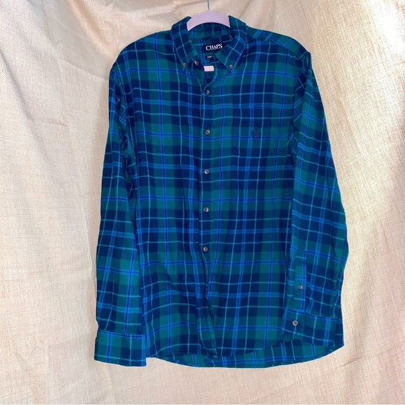 👔 Men's CHAPS Navy & Green Plaid Button Long Sleeve Shirt size Large - Picture 1 of 4